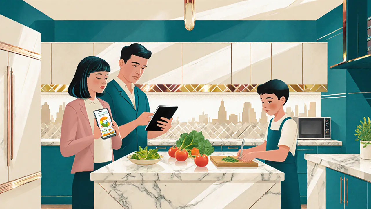 Rodina používá tablet a mobilní aplikaci během přípravy jídla, futuristický Art Deco design.