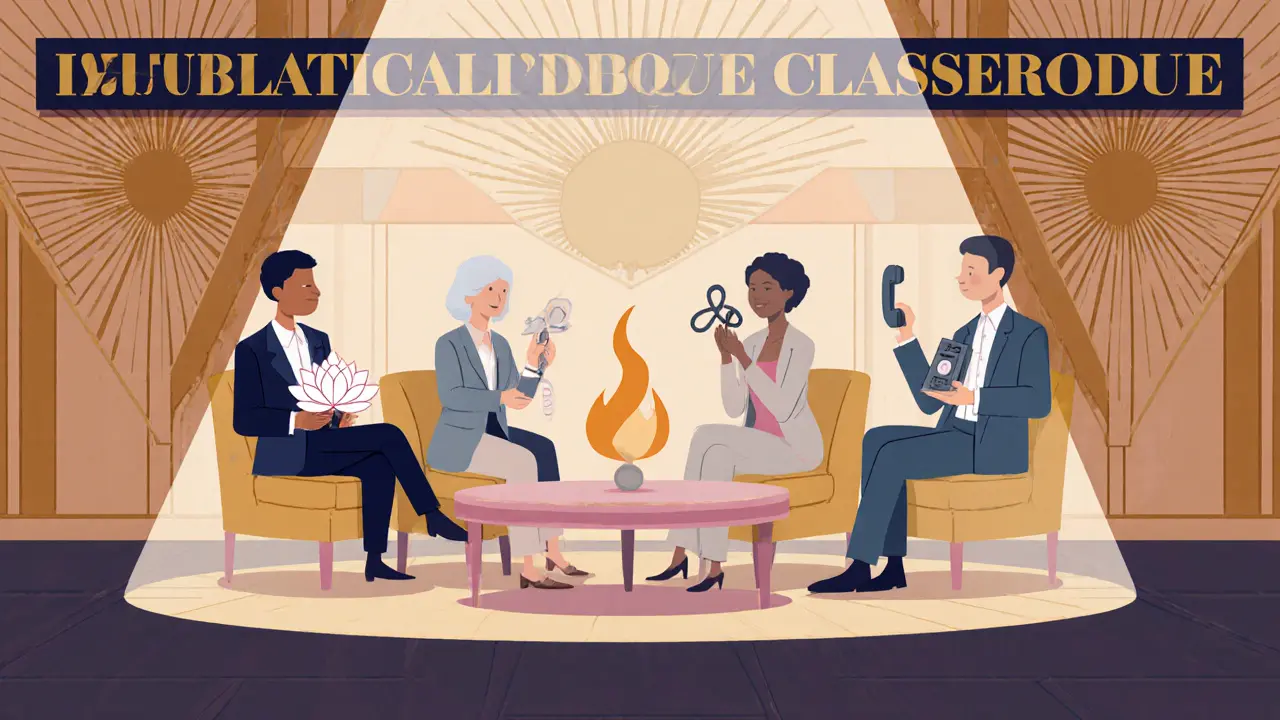 Skupinová terapie DBT s ikonami čtyř modulů v art deco stylu.