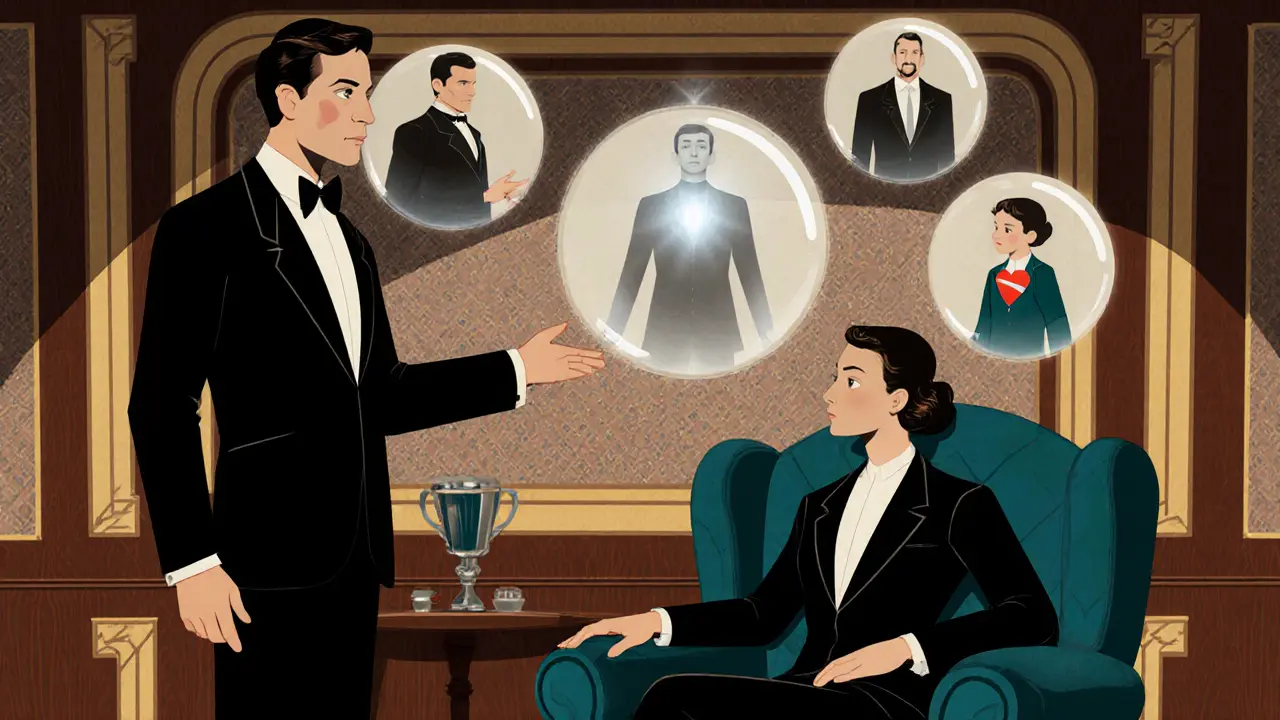 Terapeut a klient v Art Deco stylu, komunikují s vnitřními částmi – ochranou a zraněnou částí.