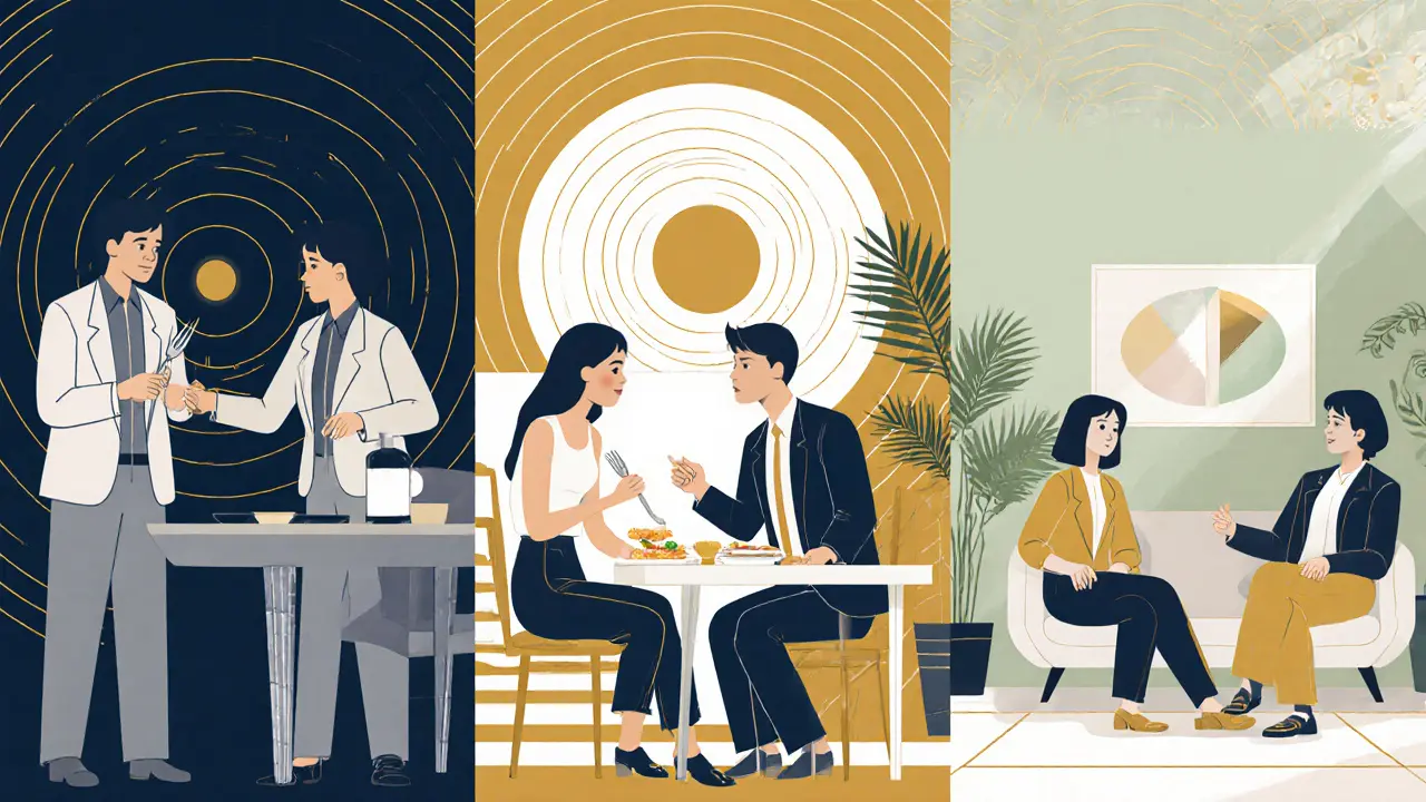 Tři sekvence zobrazující fáze FBT: kontrola rodičů, samostatnost teenagéra, rodinná dynamika.