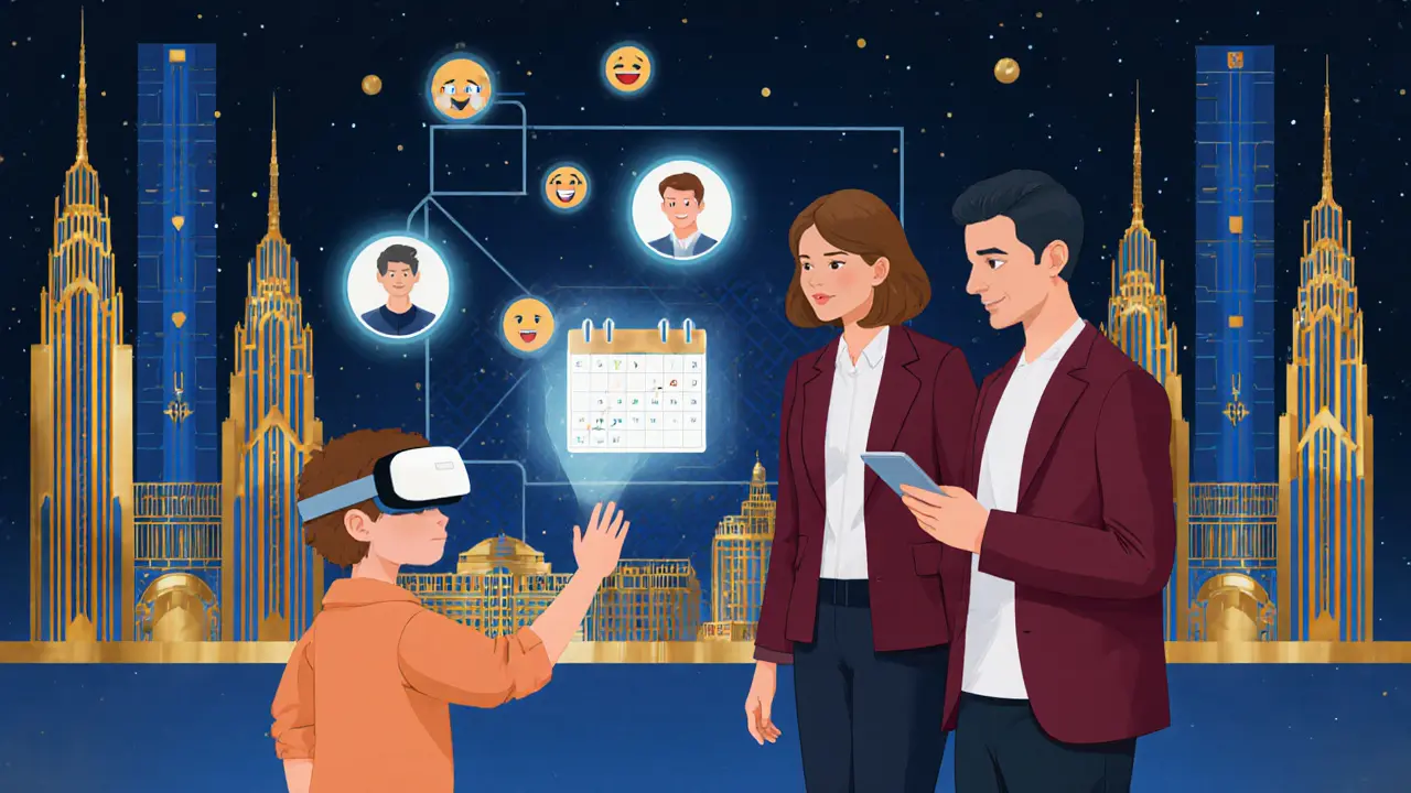 Dítě s AR headsetem, terapeut a rodič u digitálního kalendáře.