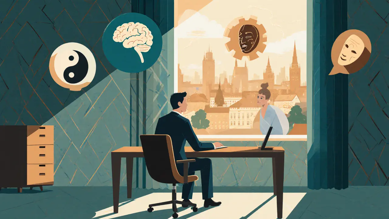 Obrázek terapie zobrazuje terapeuta a klienta s ikonami DBT, KBT a psychodynamické terapie v Art Deco stylu.