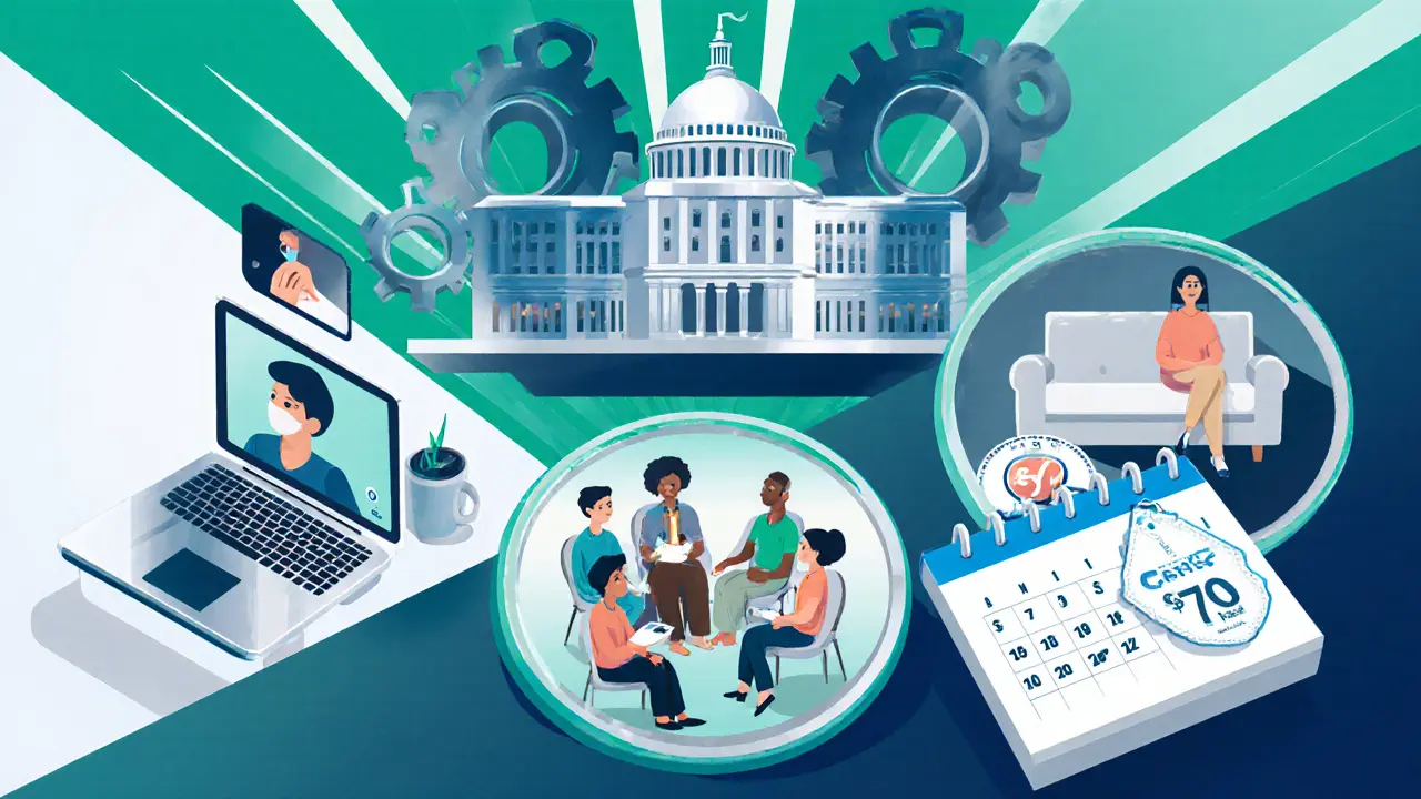 Pacient využívá online terapii, skupinovou sezení a slevový kalendář, nad nimi vládní budova.