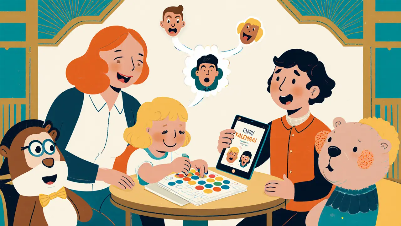 Rodina s emočním kalendářem, plyšáky a AR tváří na tabletu.