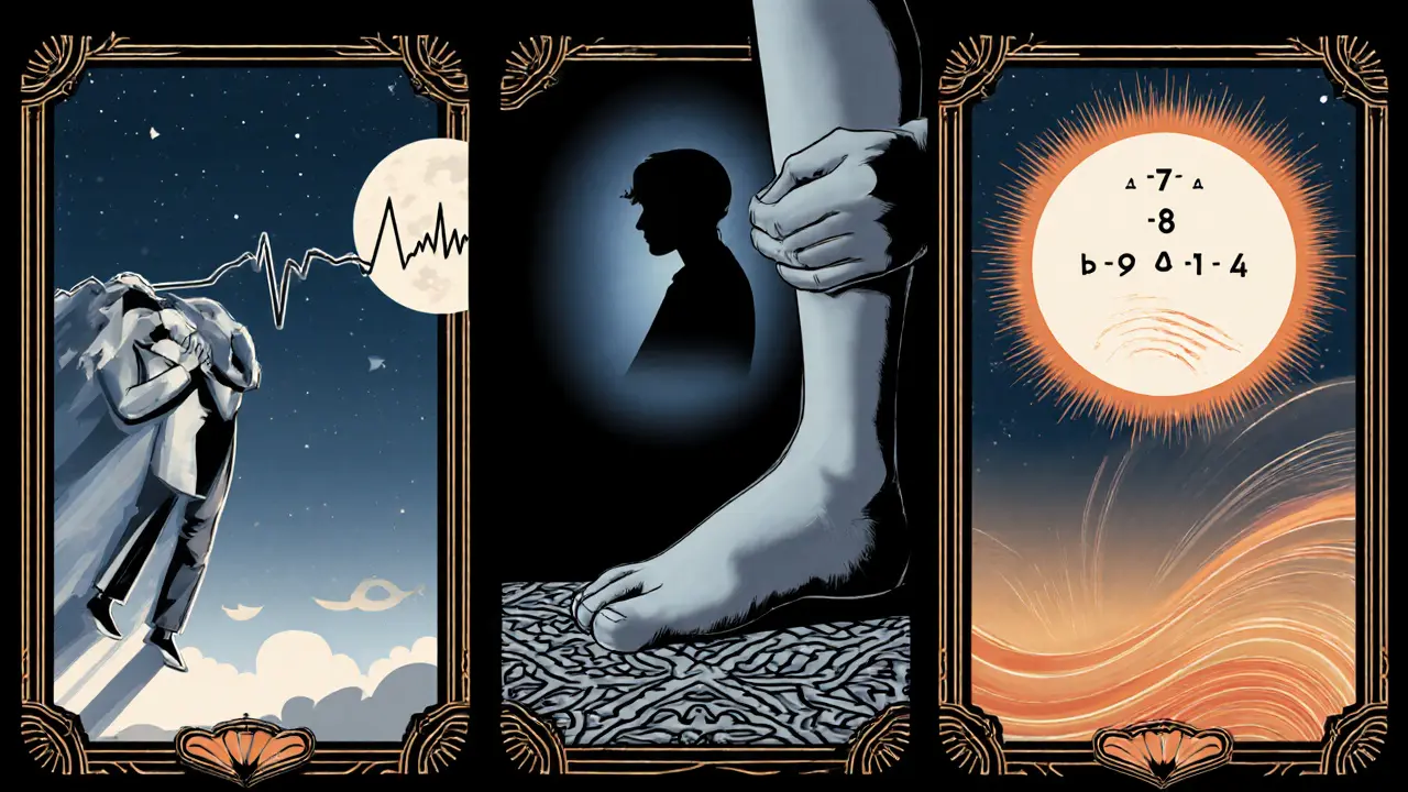 Rozdělený panel ukazuje varovné příznaky a techniky jako grounding a 4‑7‑8 dýchání.