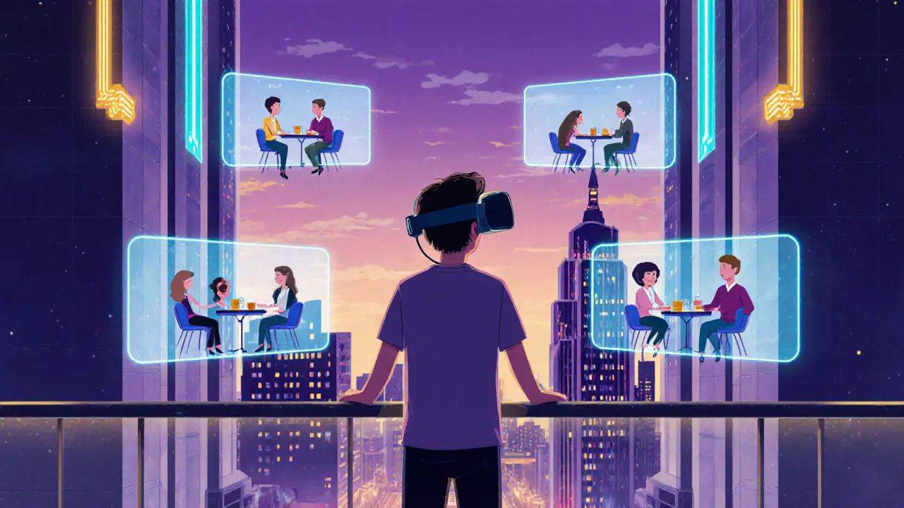 Scéna VR tréninku sociálních dovedností v futuristickém Art Deco prostředí s českou krajinou.