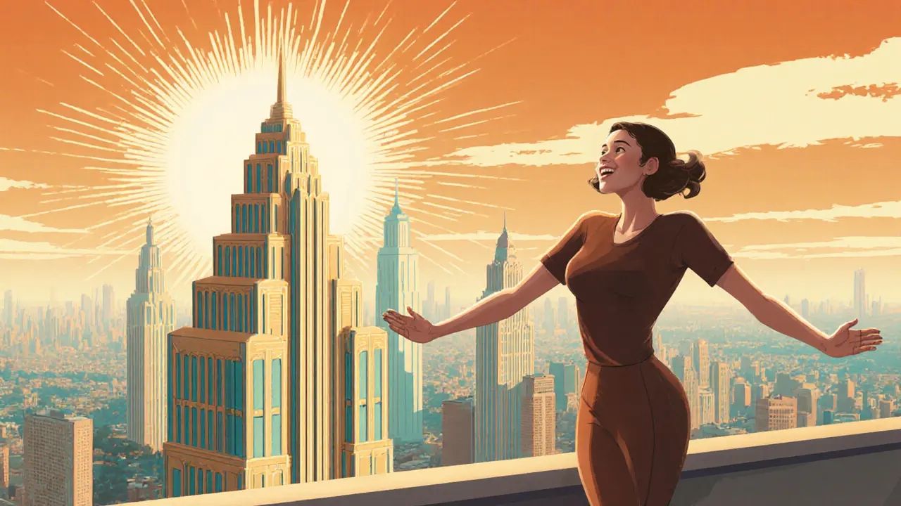 Šťastná postava stojí na balkónu a užívá si výšky po úspěšné terapii, Art Deco.