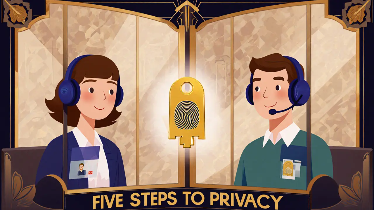 Terapeut a klient s headsety, rozmazaným pozadím a bezpečnostními ikonami.