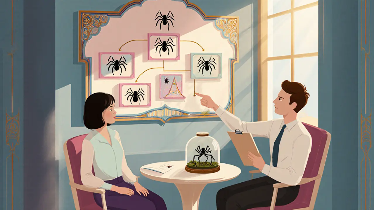 Terapeut a pacient probírají expoziční hierarchii v elegantní Art Deco kanceláři.