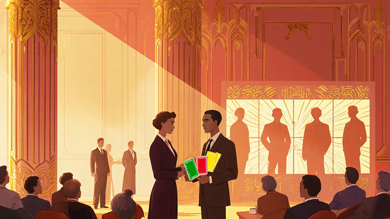 Terapeut předává klientovi barevné karty v art deco konferenční síni jako symbol bezpečnosti.