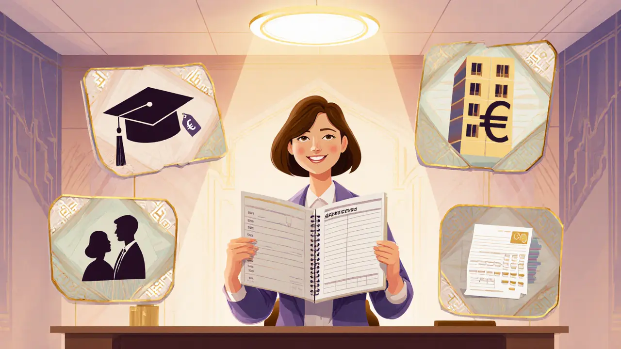 Terapeutka s otevřenou účetní knihou obklopena ikonami vzdělání, nájmu, supervize a administrativy.