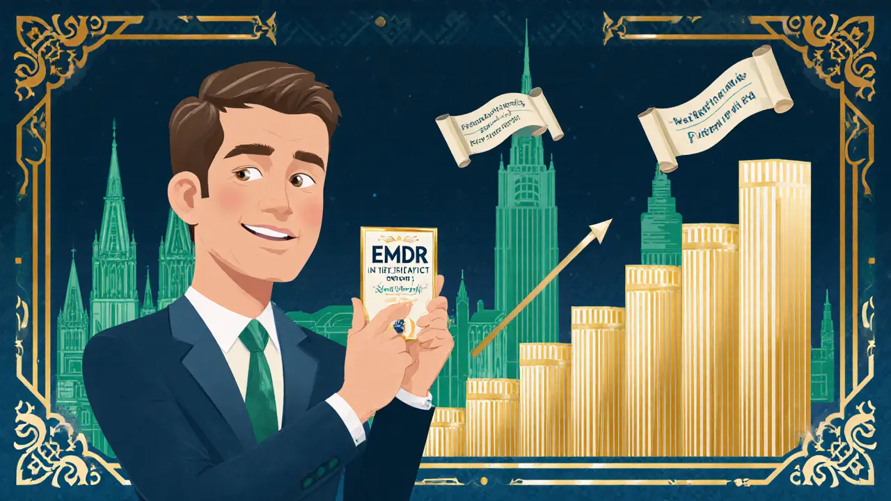 Certifikovaný terapeut s odznakem EMDR před pražským Art Deco panoramatem.