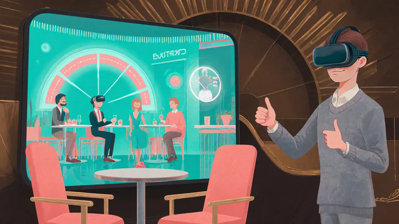 Osoba s VR headsetem v simulované kavárně, holografický terapeut.