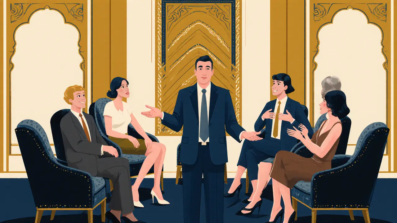 Skupinová terapie KBT, účastníci v kruhu, terapeut ukazuje gesto.