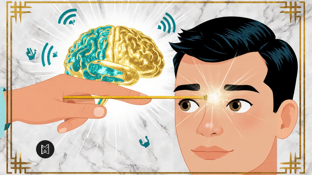 Terapeut pohybuje prstem, klient sleduje oči, za nimi se rozsvěcuje mozek.