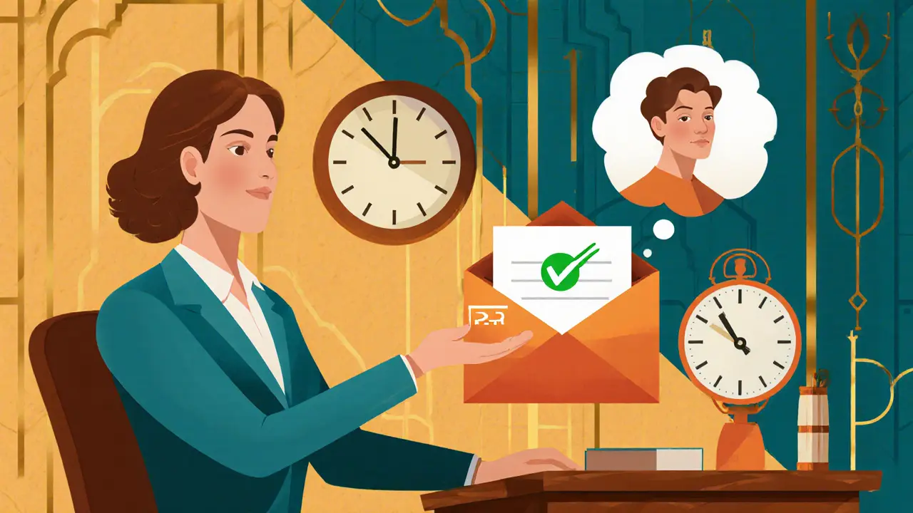 Terapeut přijímá e‑mail, nad ním pluje hodiny a spokojený klient.