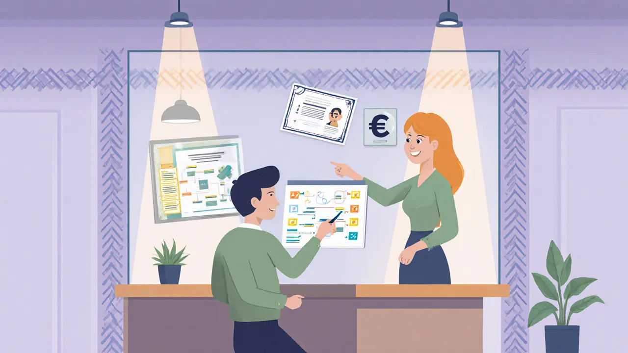 Klidná kancelář s vizuálními úkoly, asistentem a symboly finanční podpory pro autistického zaměstnance.