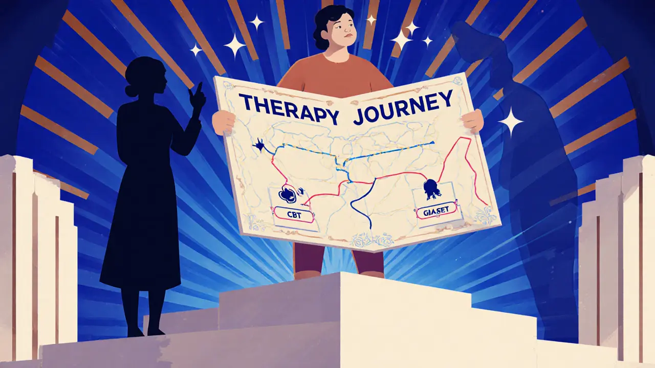 Klient s úlevou drží mapu terapie, za ním art deco grafika různých přístupů.