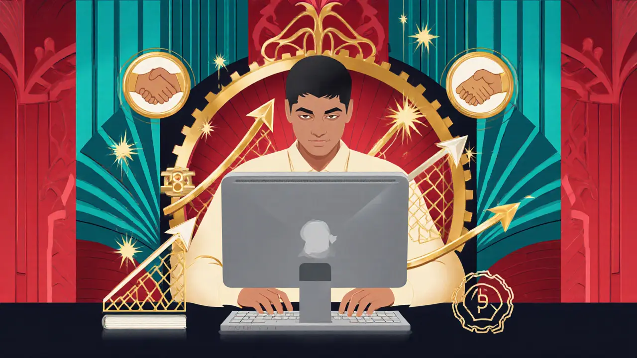 Úspěšný pracovník s autismem programuje, zatímco grafy a dekorativní prvky zdůrazňují zvýšenou produktivitu.