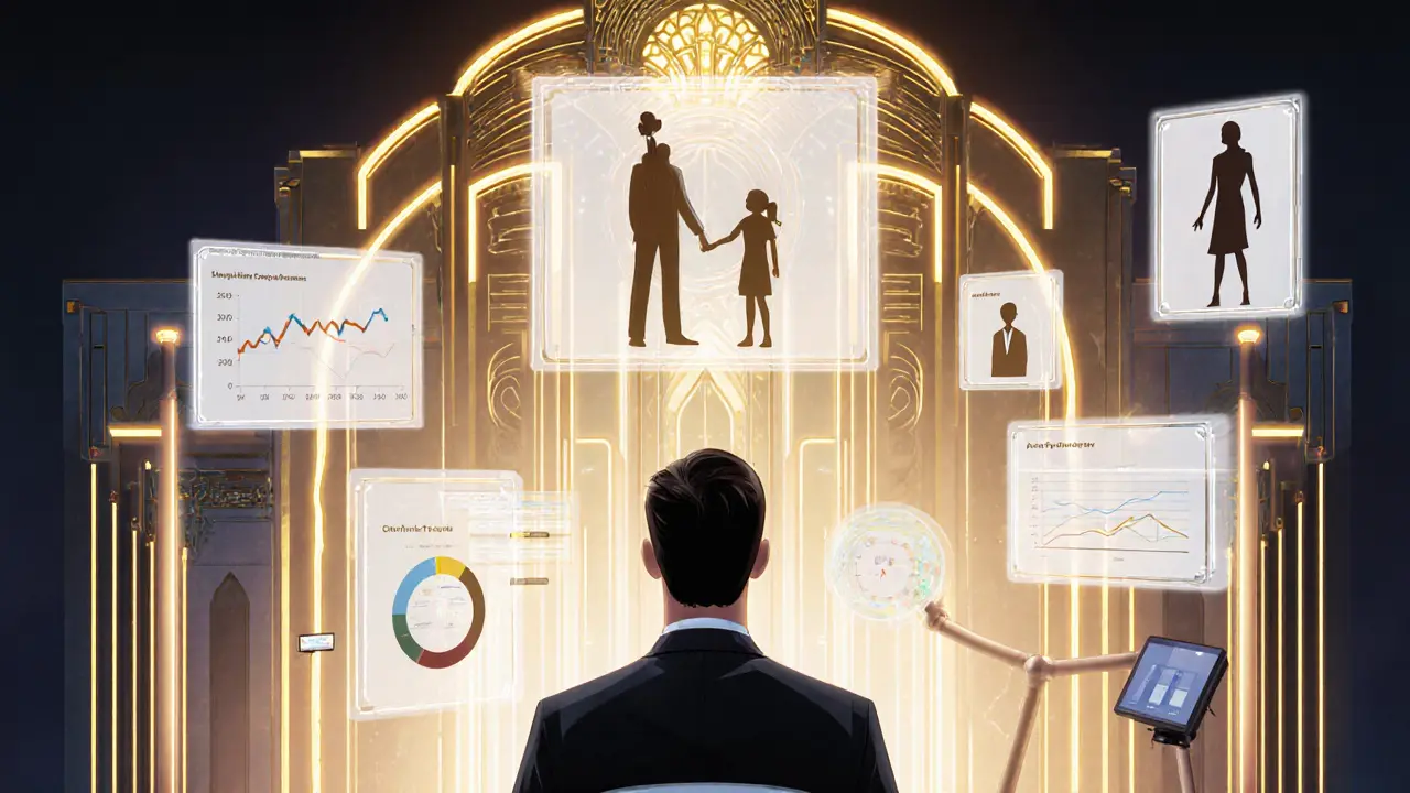 Budoucí online terapie s AI nástroji a holografickým rozhraním v art deco.