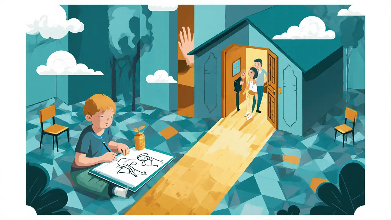 Dítě kreslí dům ve třídě, zlatá cesta vede k dveřím, kde je vidět ruka rodiče.