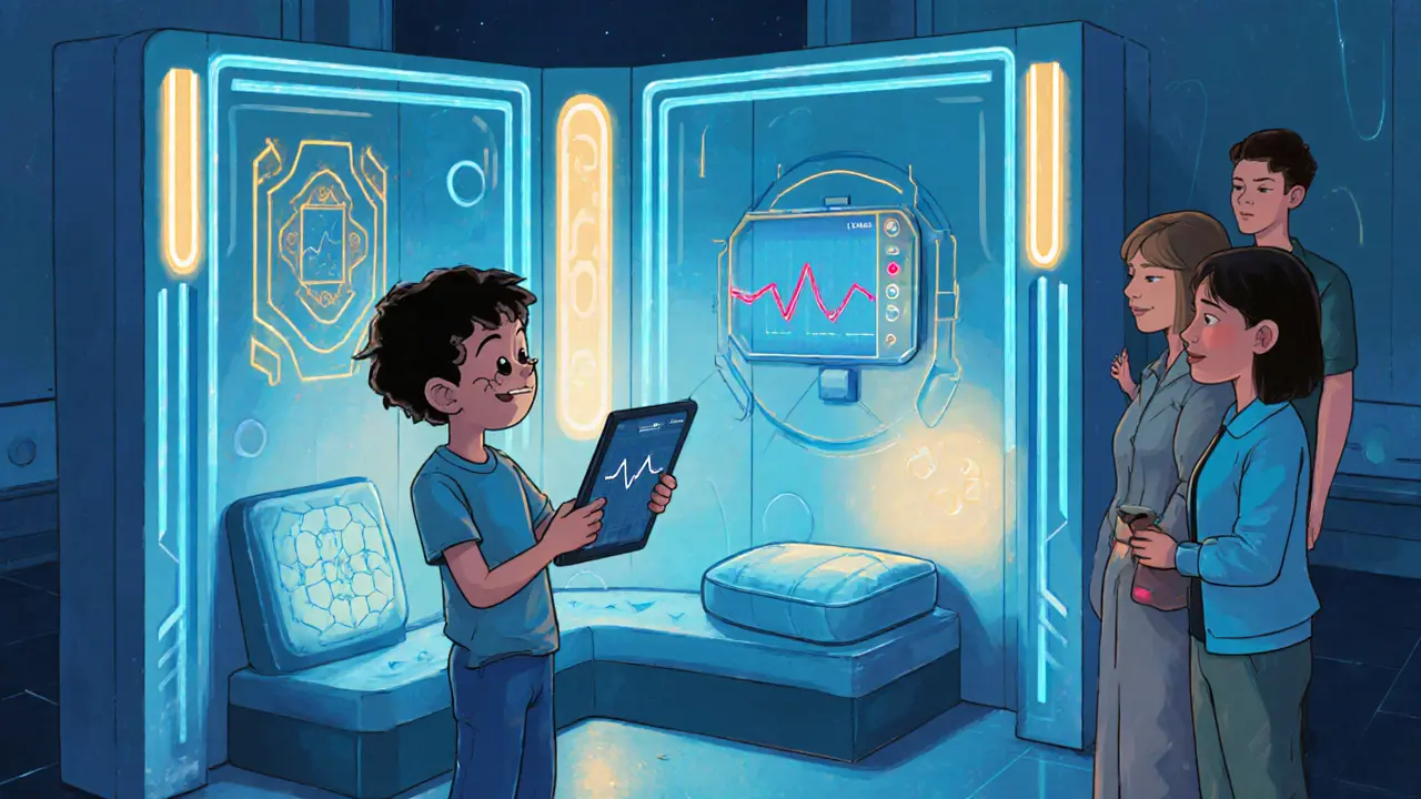 Dítě používá biofeedback obrazovku a relaxační rohy v moderní art deco třídě.