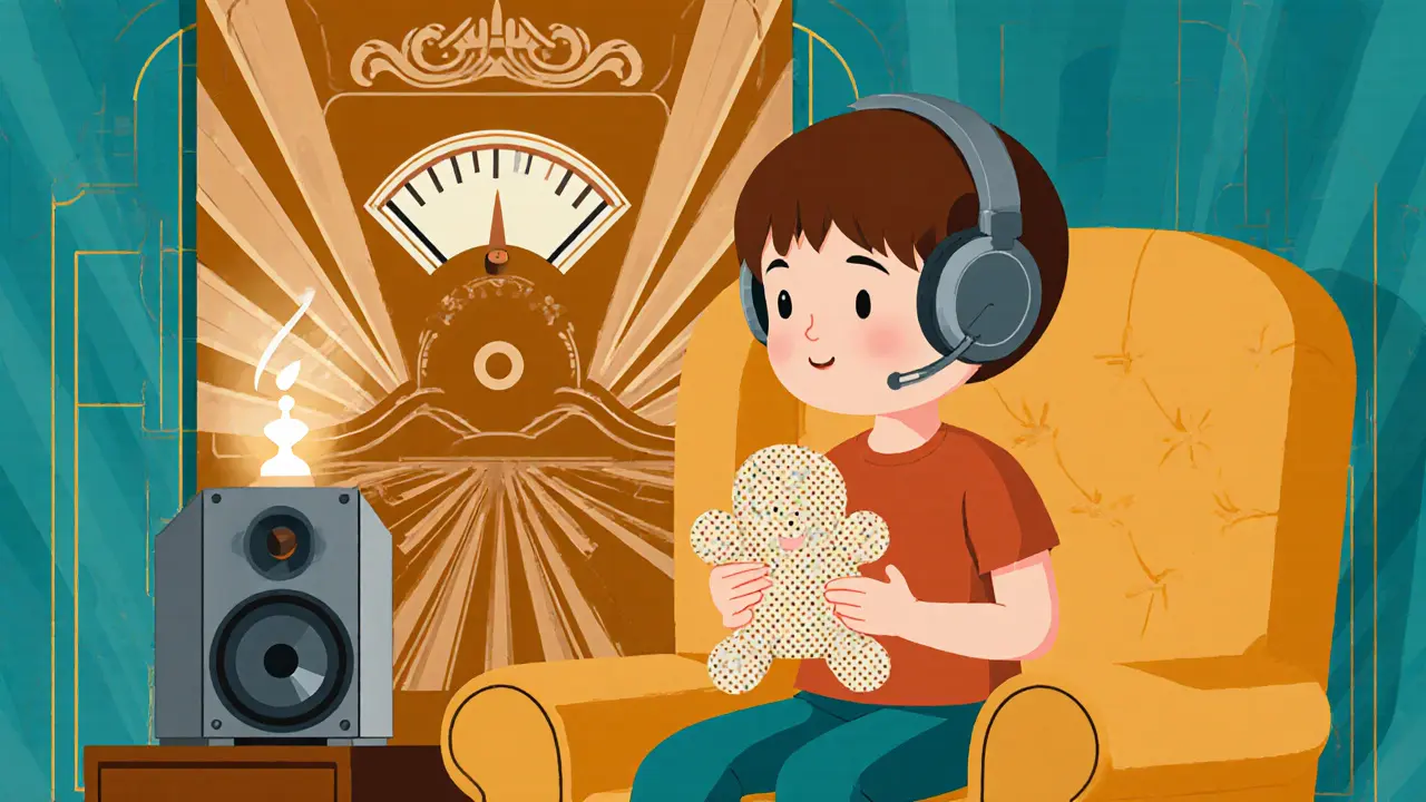 Dítě provádí krok po kroku desenzitizační cvičení s nízkým hlasitým zvukem a měkkým materiálem.