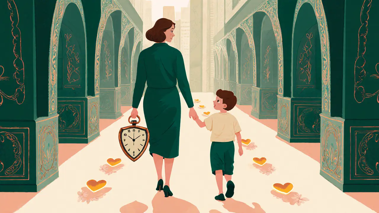 Matka a dítě jdou po ulici s geometrickými archami, každý krok značí svítící srdce.