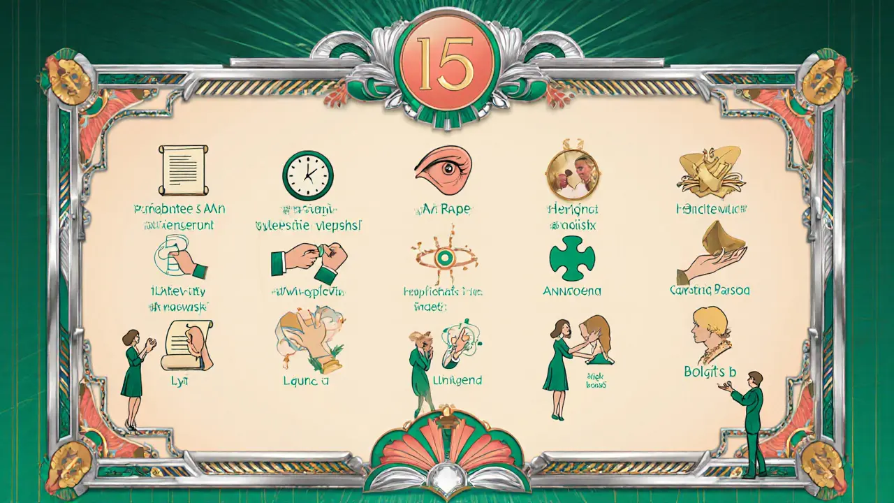 Mural s 15 ikonami představujícími kvality terapeuta, Art Deco design.