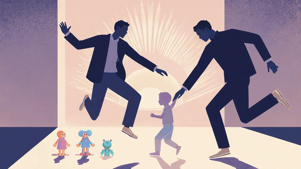 Otec se připojuje k synovým opakujícím se pohybům v minimalistickém pokoji s pastelovými hračkami.