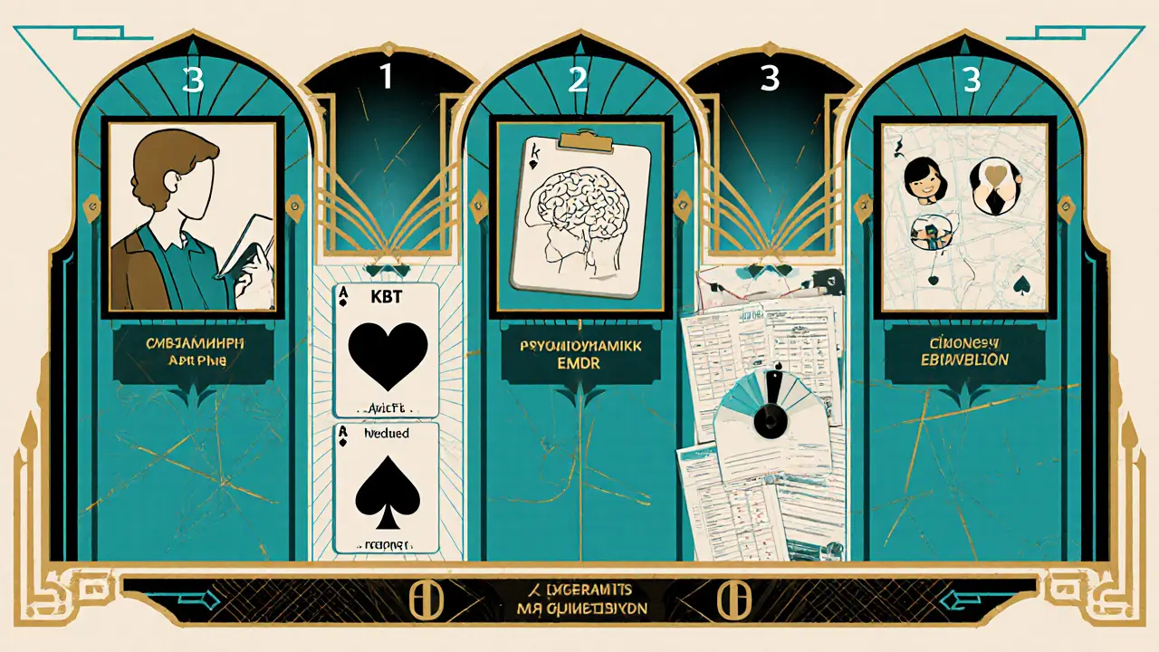 Pět panelů zobrazujících kroky tvorby individuální terapeutické kombinace, ve stylu art deco.