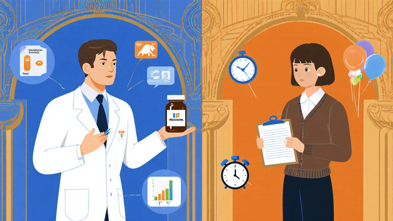 Porovnání: lékař nabízí pilulku, terapeut ukazuje poznámky, s ikonami vedle nich.