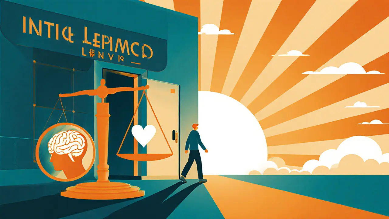 Postava odchází z kliniky pod sluncem, vyvážený mozek a srdce.