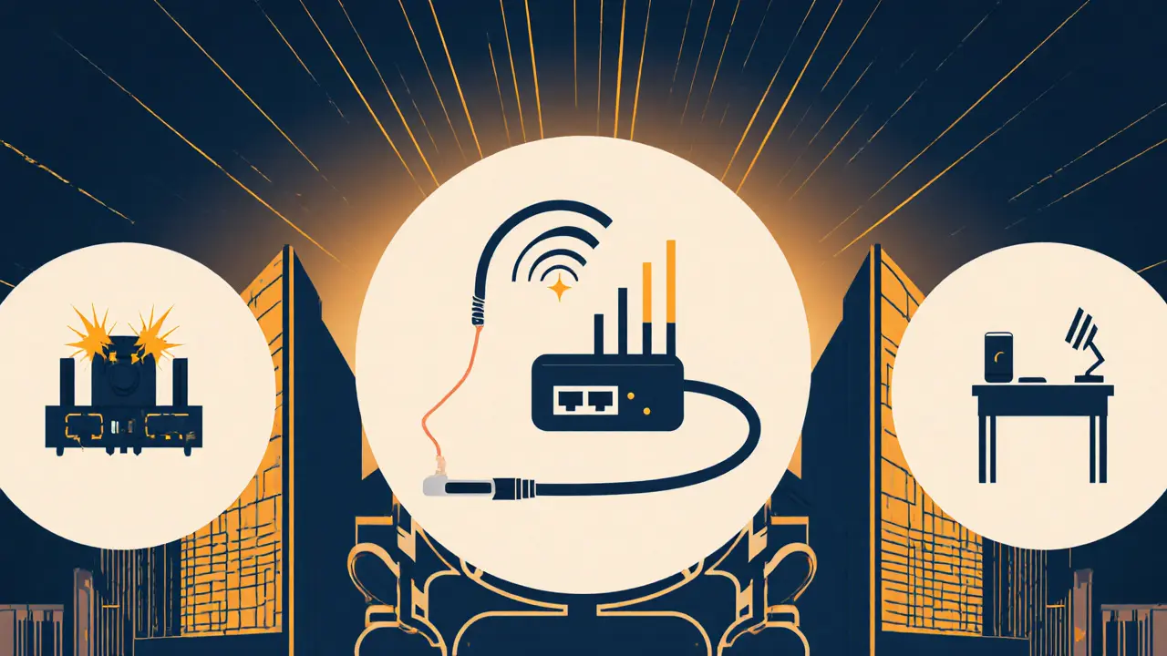 Poster s ikonkami pro aktualizaci firmwaru, kabelové připojení, záložní telefon a uklizený pracovní prostor.