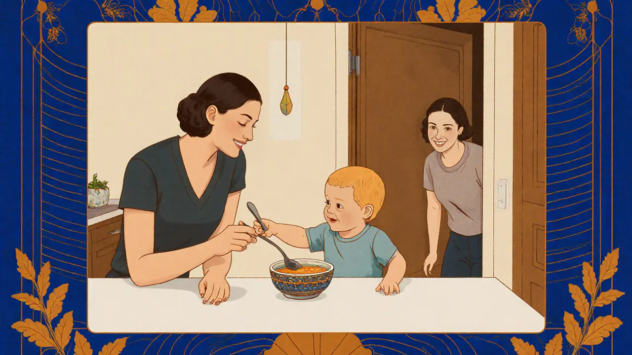 Rodič a dítě během každodenní činnosti, terapeut sleduje, Art Deco ilustrace.