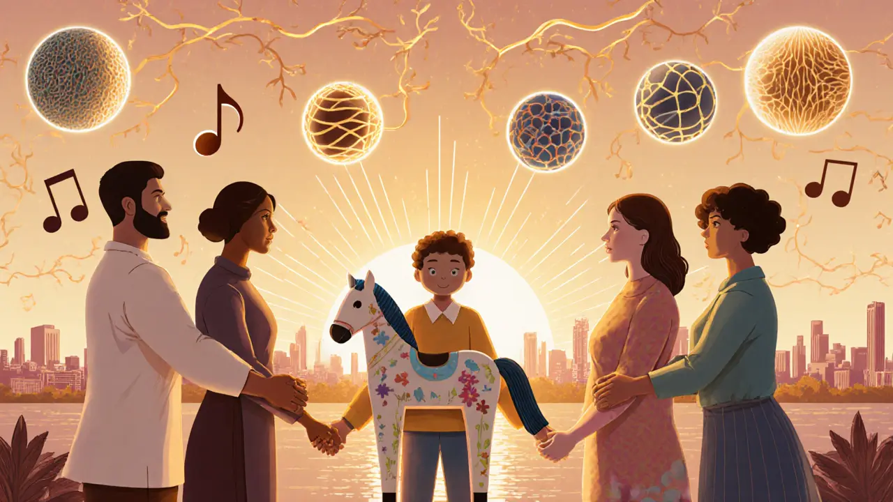 Rodiče stojí kolem dítěte s koněm, symbolizující společnou podporu pro autismus s uměleckými prvky.