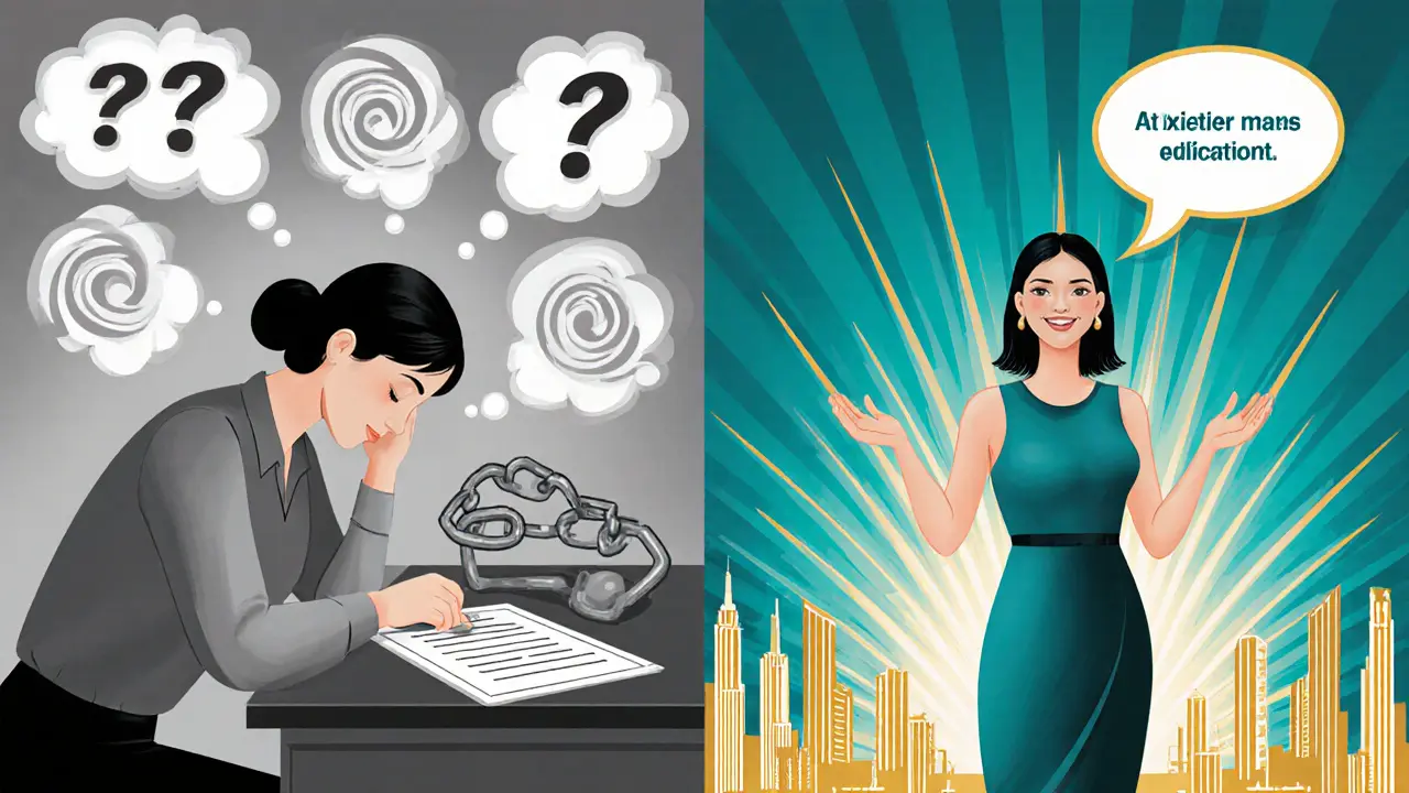 Rozdělený obrázek ukazuje ženu před a po úspěšné terapii sociální úzkosti v art deco ilustraci.