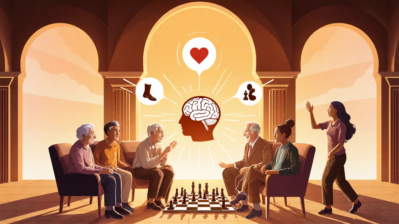 Skupina seniorů a dobrovolníků se setkává v komunitním centru.