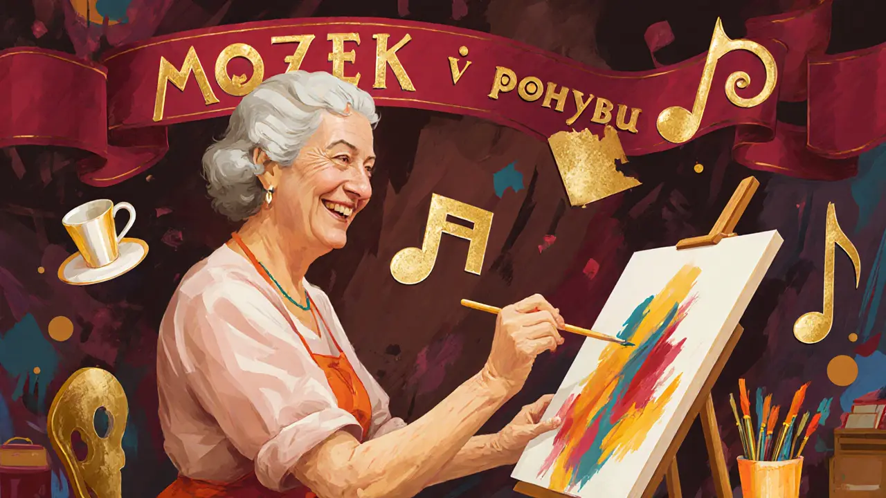 Stará žena maluje v barevném ateliéru s abstraktními motivy.