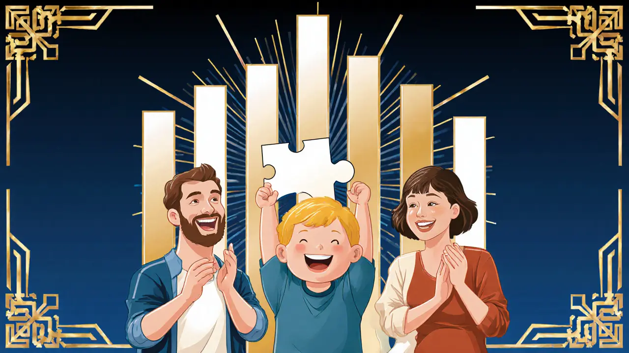 Šťastné dítě s rodiči, symbolizující pokrok po terapii, Art Deco design.