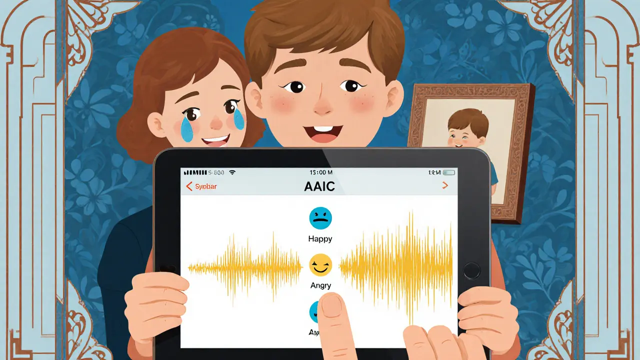 Teenager používá tablet s českou AAC aplikací, která vyslovuje jeho emoce.