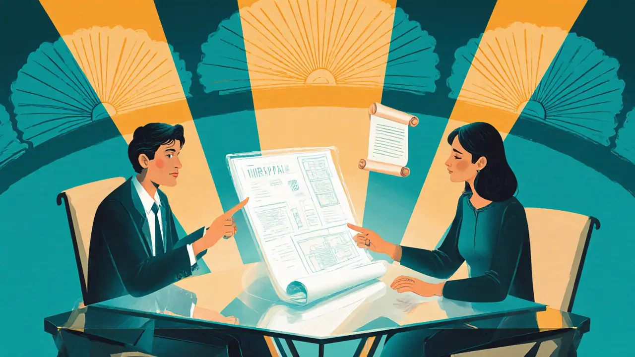 Terapeut a klient u geometrického stolu, sdílejí plán terapie, Art Deco.