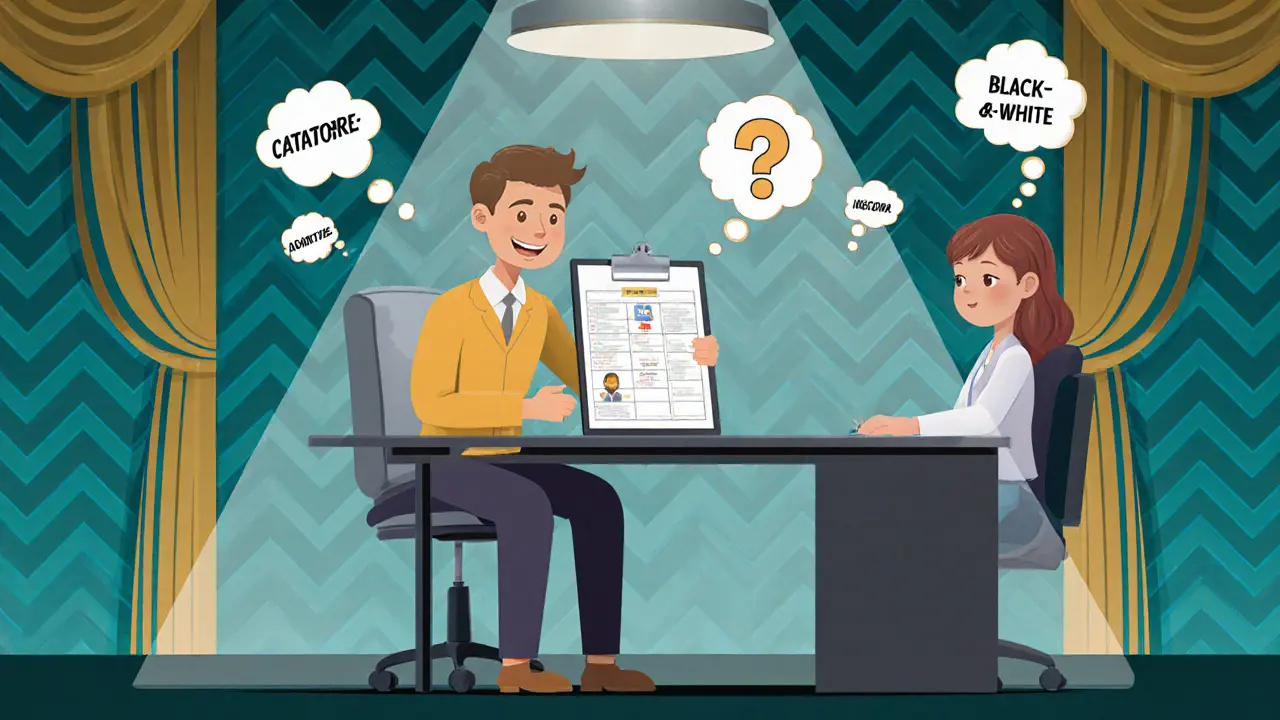 Terapeut a pacient u stolu s ikonkami kognitivních chyb.