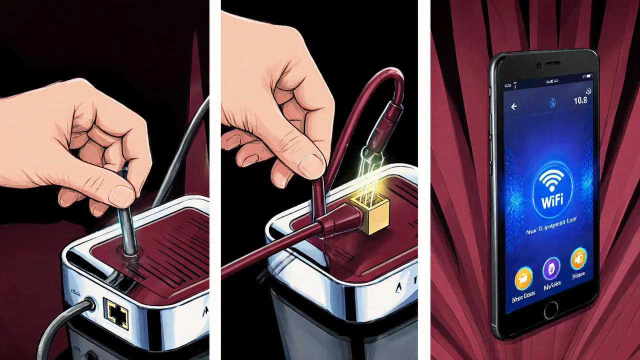 Tři panely: restart routeru, zapojení Ethernet kabelu, přepnutí telefonu na mobilní data.