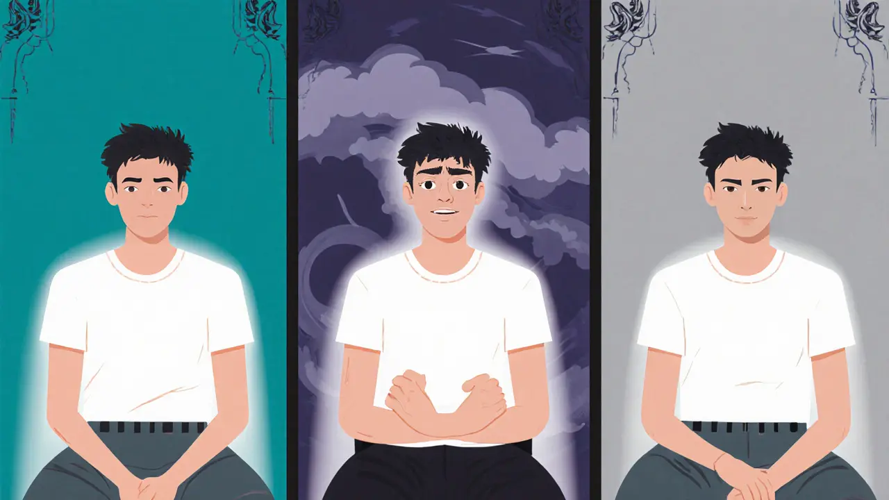 Tři panely ukazují úlevu, úzkost a neutrální pocit po první schůzce.