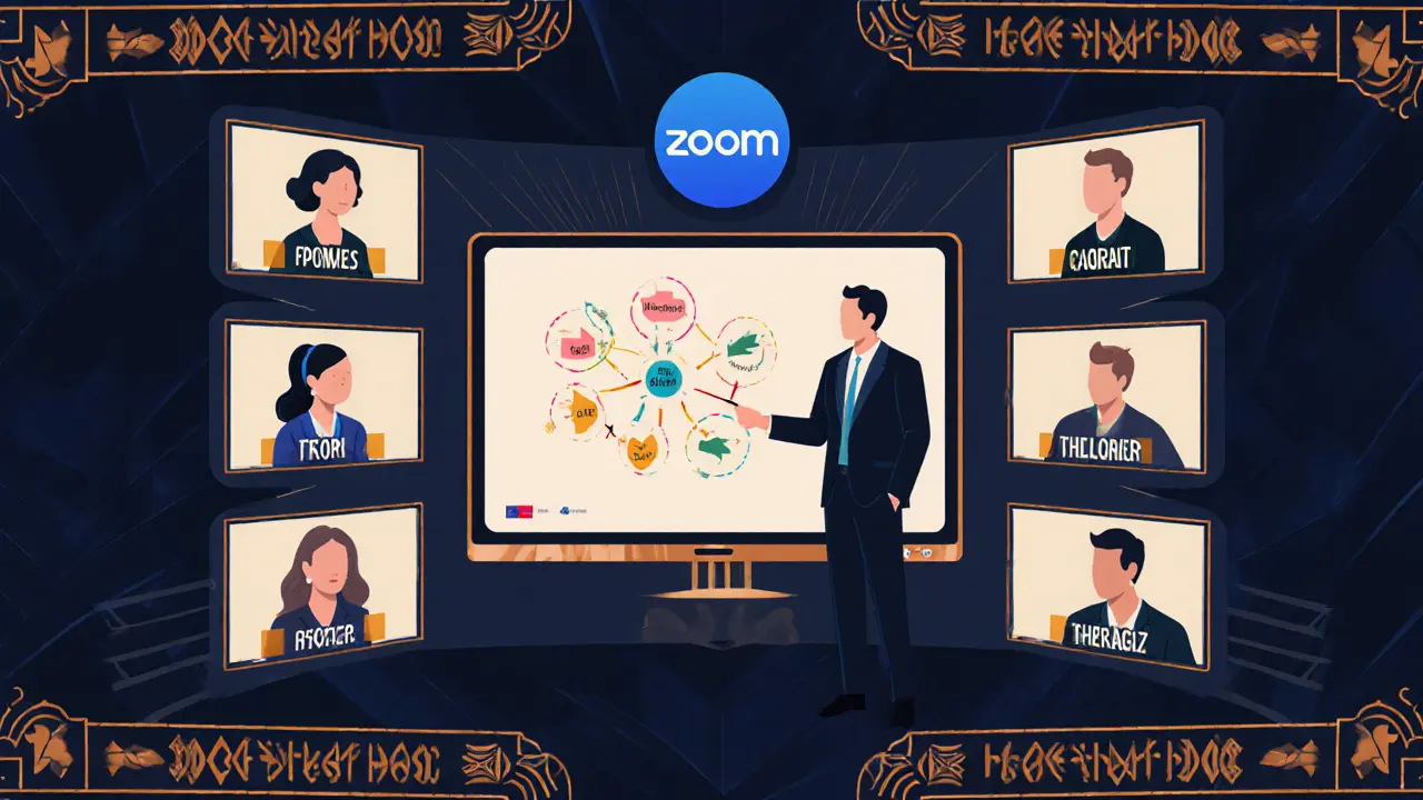 Zoom rozhraní s breakout místnostmi a virtuální tabulí v art deco.