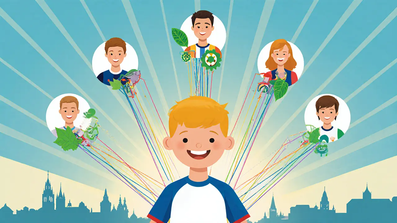 Chlapec je propojen s ostatními barevnými nitěmi, znázorňujícími podpůrnou síť.