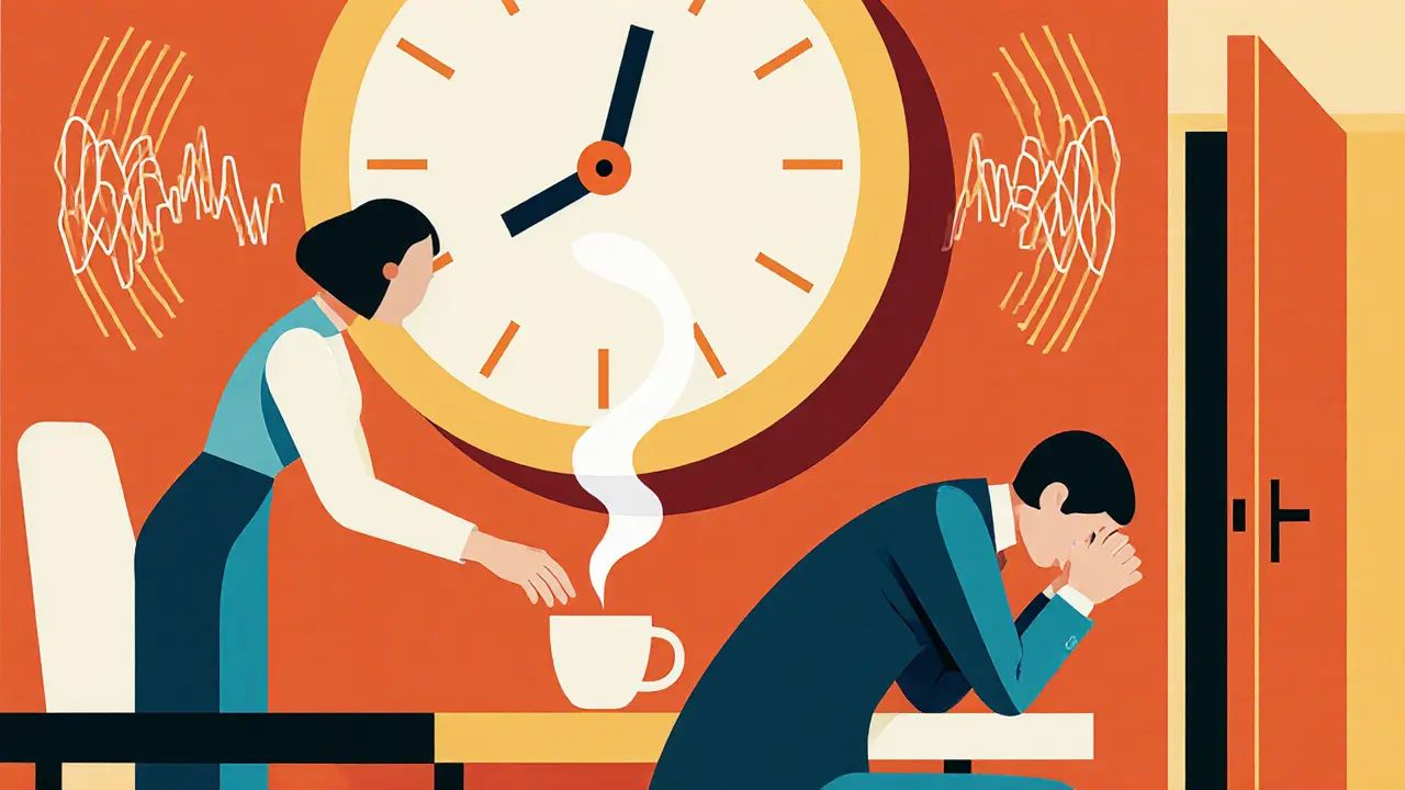 Člověk přináší nápoj oslabenému kamarádovi v klidné místnosti, symboly dechu a otevřených dveří.