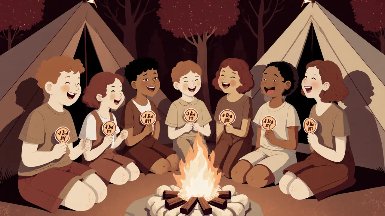 Děti se smějí na letním táboře s hvězdicovými odznaky úspěchu.