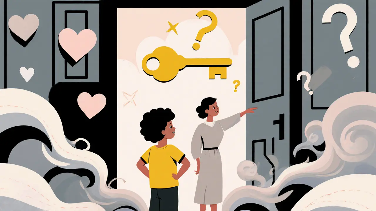 Dítě se obrací k rodiči u dveří psychologa, nad nimi plave zlatý klíč jako symbol důvěry a otevřenosti.